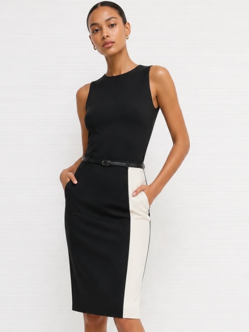 LAFAYETTE 148 Sweater Skirt Colorblock Slim Pencil Black White Midi Career Large